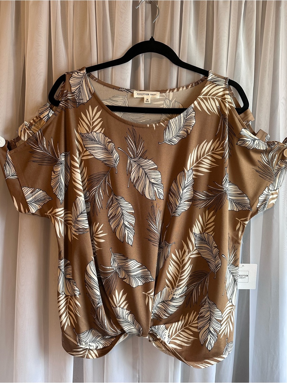 Perseption Concept Light Brown Leaf Palm Print Cold-Shoulder Dolman Style Size M